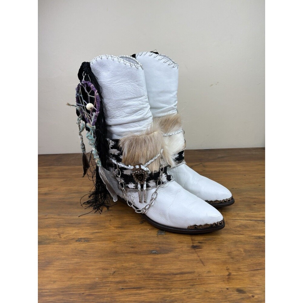 Vtg 1980s Zodiac Brace White Leather Cowboy Boots Boho Upcycled Festival Size 8